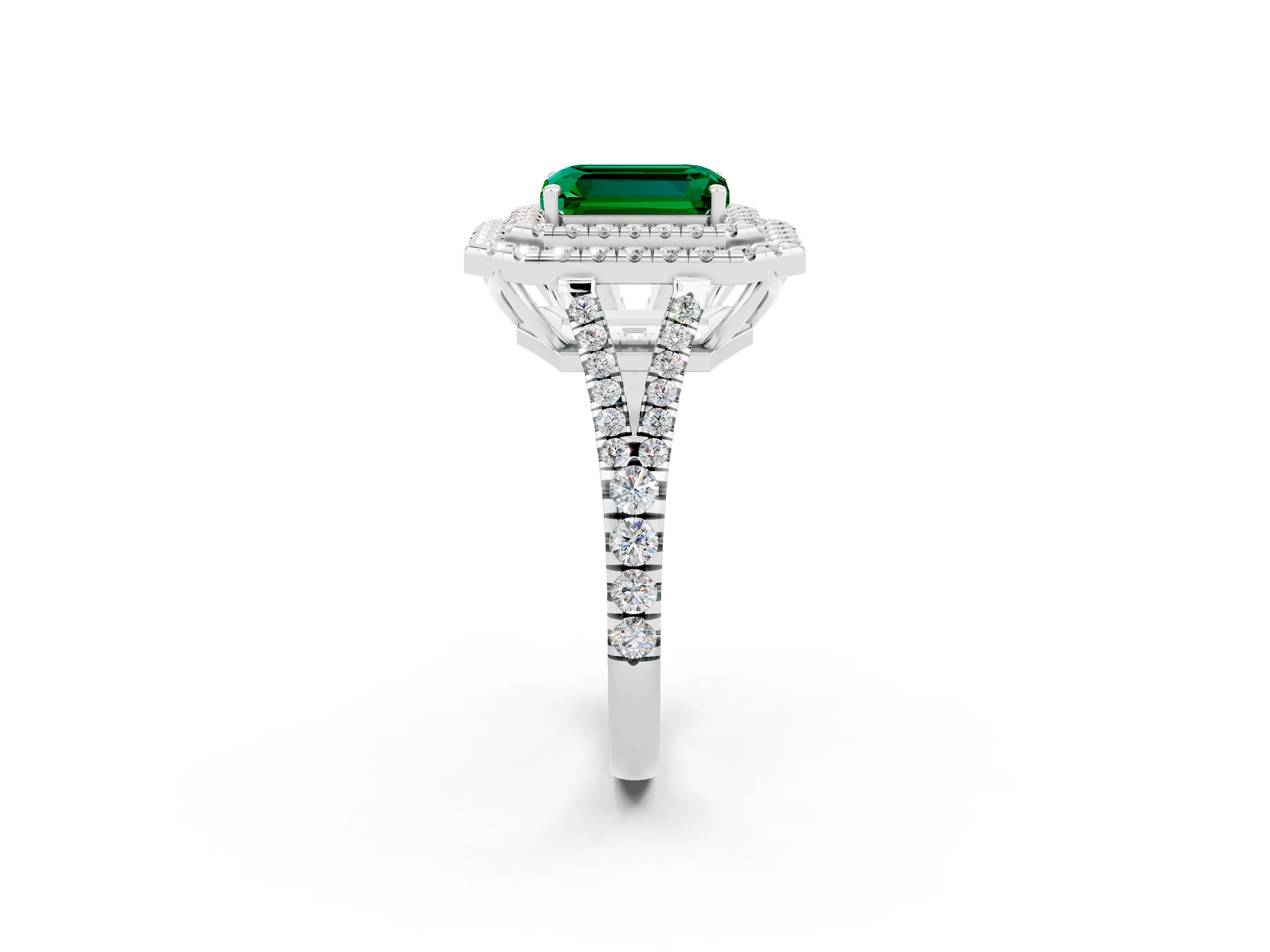 White gold Emerald Cut Emerald Double Halo Ring with Pavé Band and Prong Setting_14
