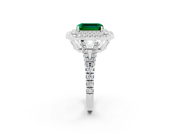 White gold Emerald Cut Emerald Double Halo Ring with Pavé Band and Prong Setting