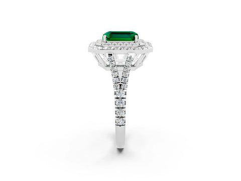 White gold Emerald Cut Emerald Double Halo Ring with Pavé Band and Prong Setting_14
