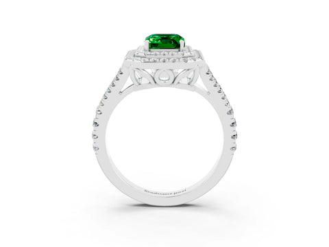 White gold Emerald Cut Emerald Double Halo Ring with Pavé Band and Prong Setting_15