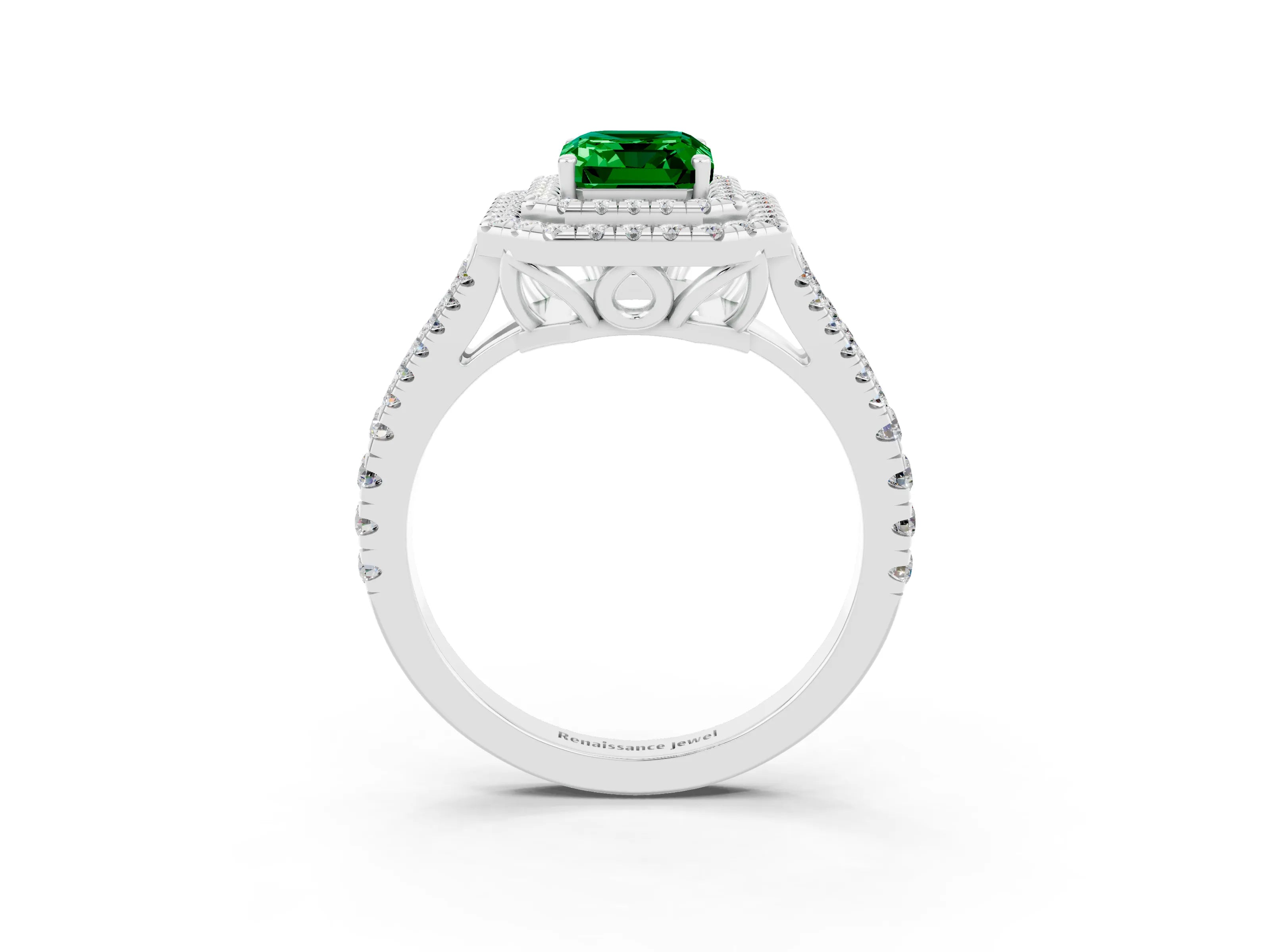 White gold Emerald Cut Emerald Double Halo Ring with Pavé Band and Prong Setting_15