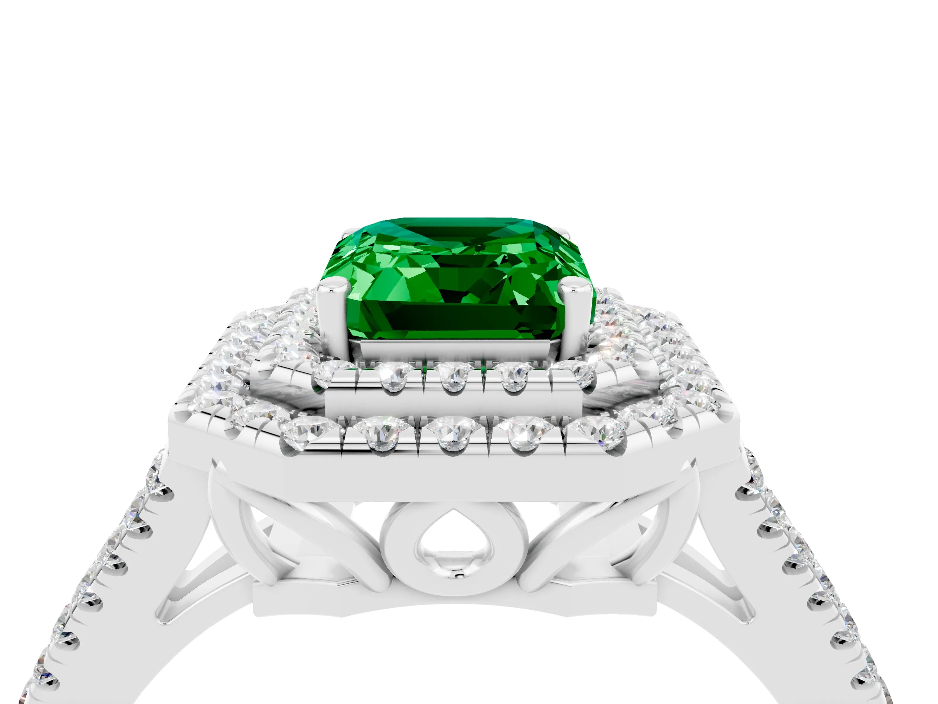 White gold Emerald Cut Emerald Double Halo Ring with Pavé Band and Prong Setting_16
