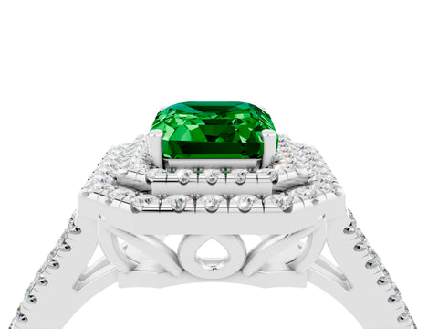 White gold Emerald Cut Emerald Double Halo Ring with Pavé Band and Prong Setting_16