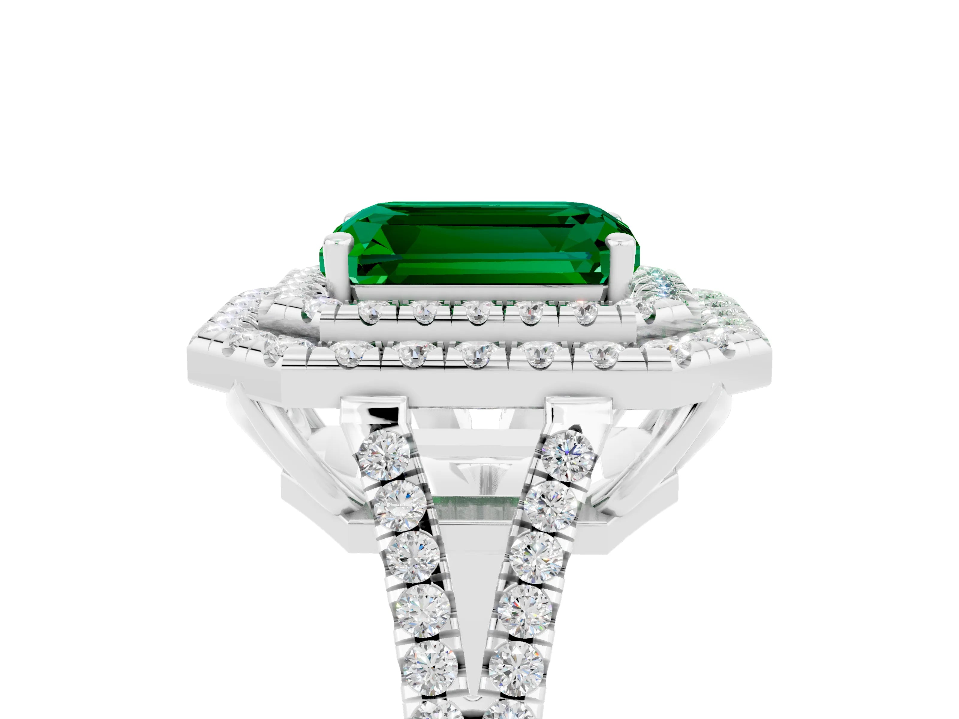 White gold Emerald Cut Emerald Double Halo Ring with Pavé Band and Prong Setting_17
