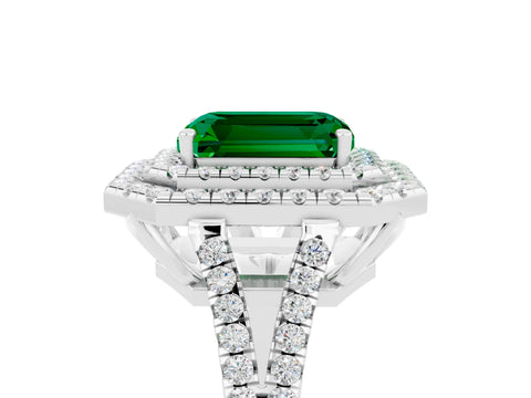 White gold Emerald Cut Emerald Double Halo Ring with Pavé Band and Prong Setting_17