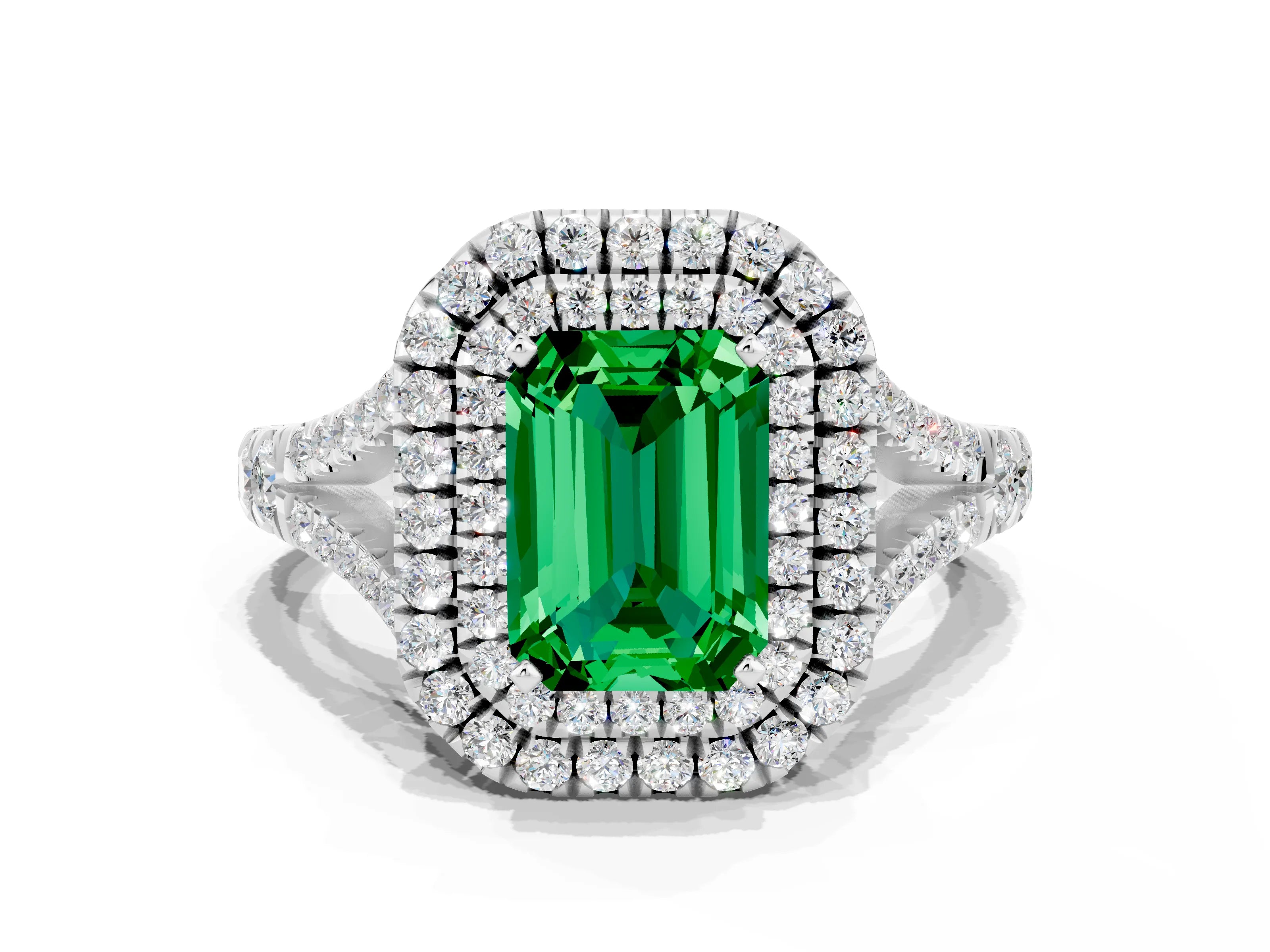 White gold Emerald Cut Emerald Double Halo Ring with Split Shank and Prong Setting_12