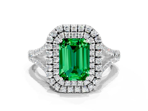White gold Emerald Cut Emerald Double Halo Ring with Split Shank and Prong Setting_12