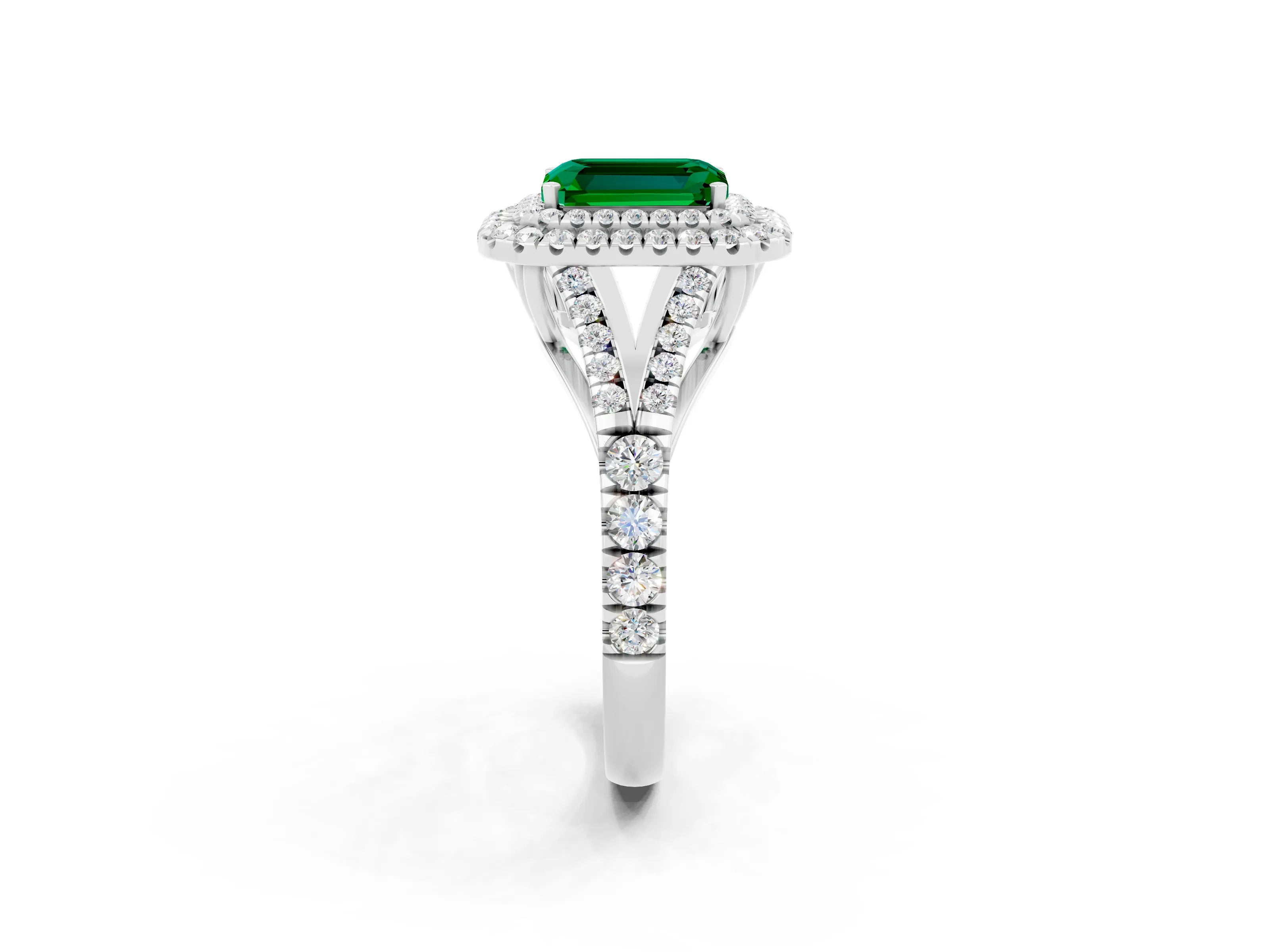 White gold Emerald Cut Emerald Double Halo Ring with Split Shank and Prong Setting_14
