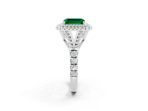 White gold Emerald Cut Emerald Double Halo Ring with Split Shank and Prong Setting_14