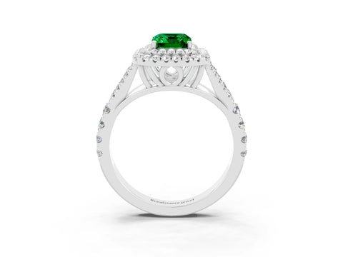 White gold Emerald Cut Emerald Double Halo Ring with Split Shank and Prong Setting_15