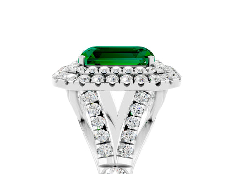 White gold Emerald Cut Emerald Double Halo Ring with Split Shank and Prong Setting_17