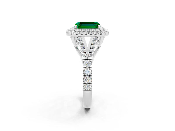 White gold Emerald Cut Emerald Double Halo Ring with Split Shank and Prong Setting