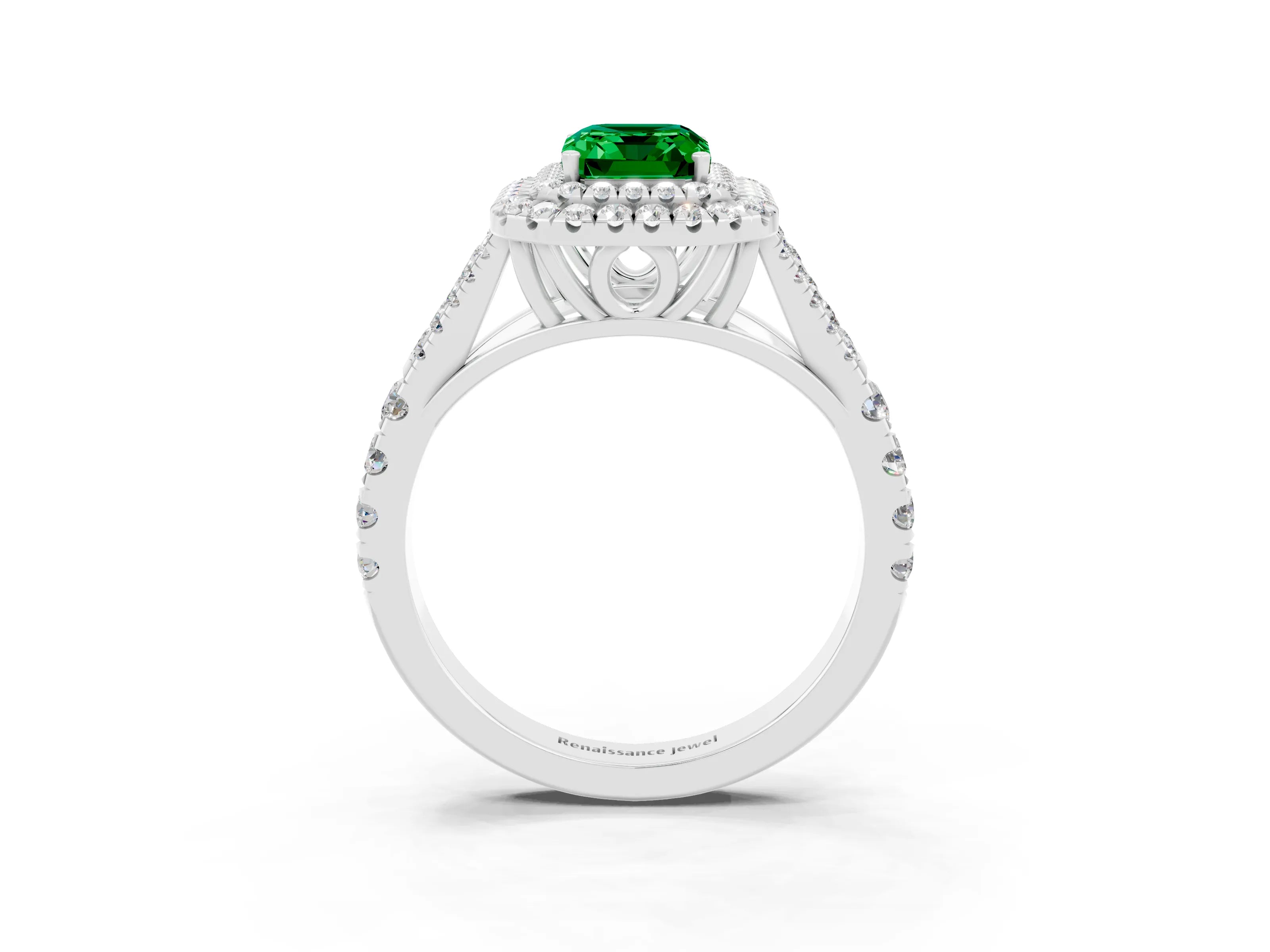 White gold Emerald Cut Emerald Double Halo Ring with Split Shank and Prong Setting_27