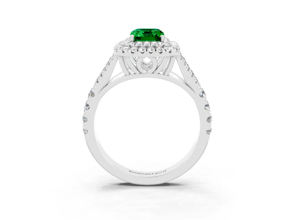 White gold Emerald Cut Emerald Double Halo Ring with Split Shank and Prong Setting