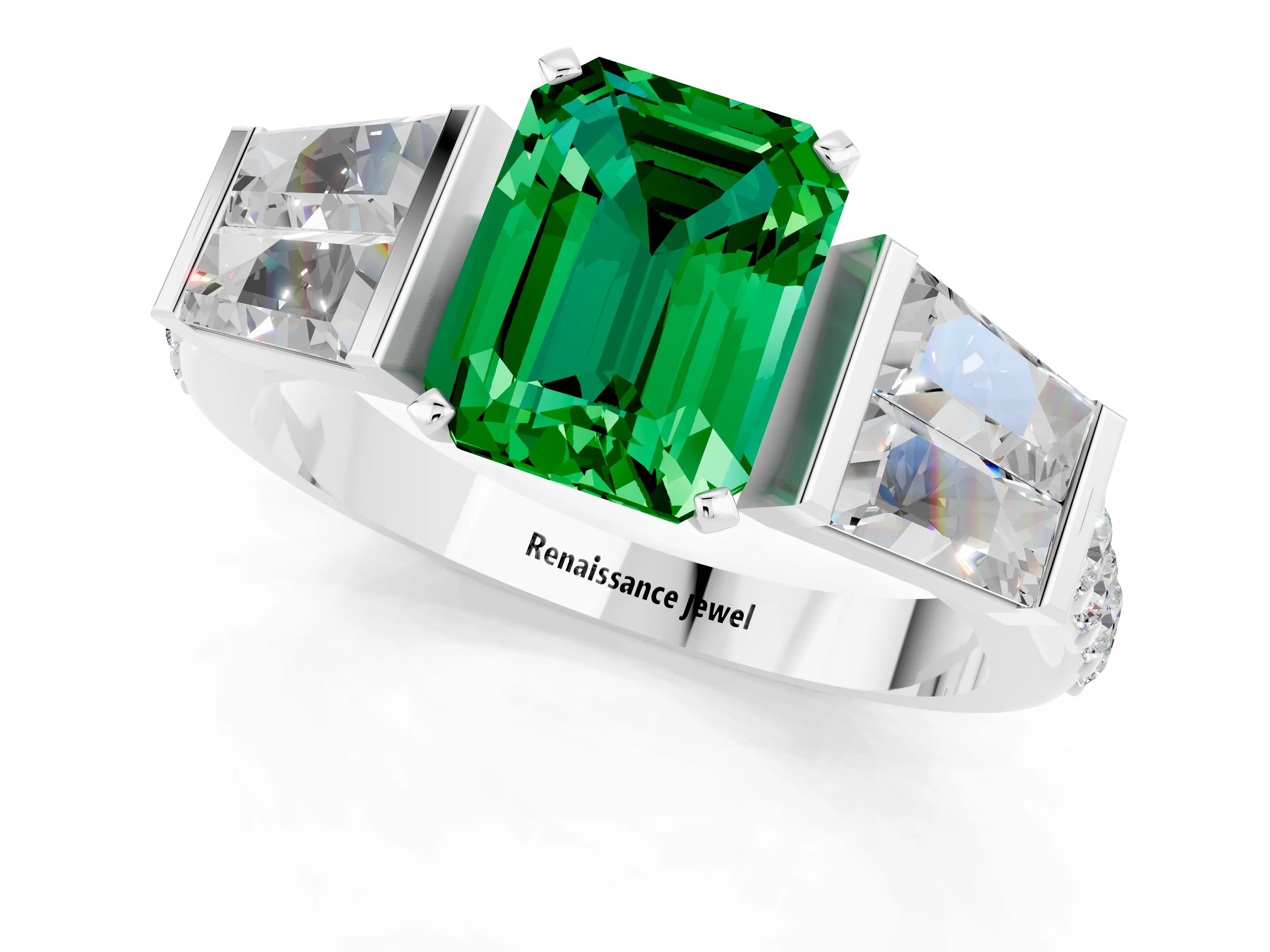 White gold Emerald Cut Emerald Engagement Ring with Baguette Side Stones and Channel Set Band_1