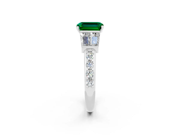 Silver Emerald Cut Emerald Engagement Ring with Baguette Side Stones and Channel Set Band