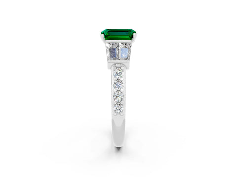 White gold Emerald Cut Emerald Engagement Ring with Baguette Side Stones and Channel Set Band_2