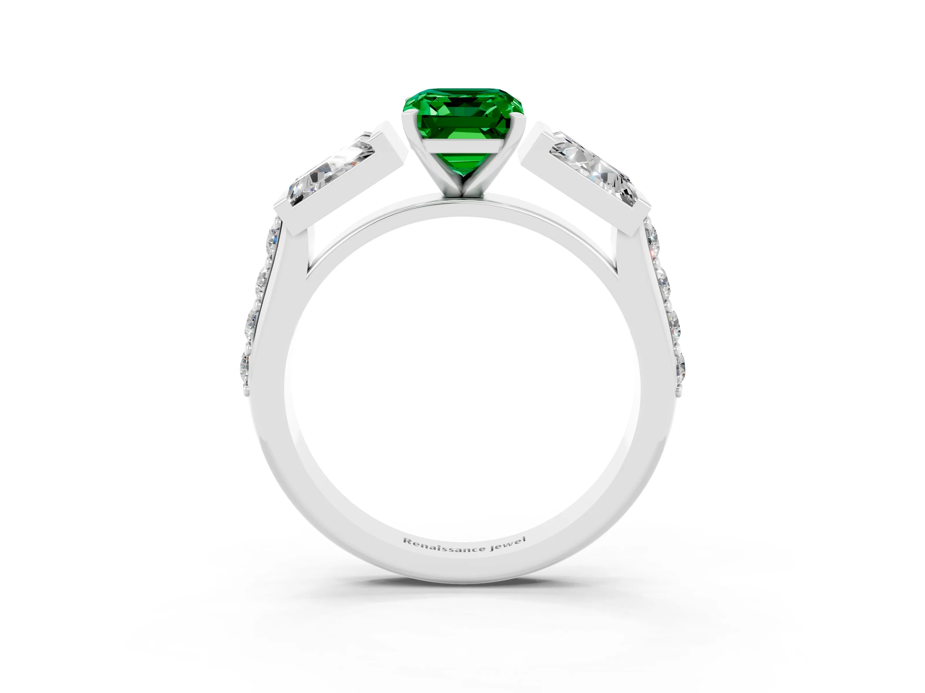 White gold Emerald Cut Emerald Engagement Ring with Baguette Side Stones and Channel Set Band_3