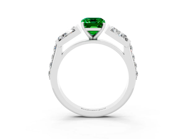 Silver Emerald Cut Emerald Engagement Ring with Baguette Side Stones and Channel Set Band