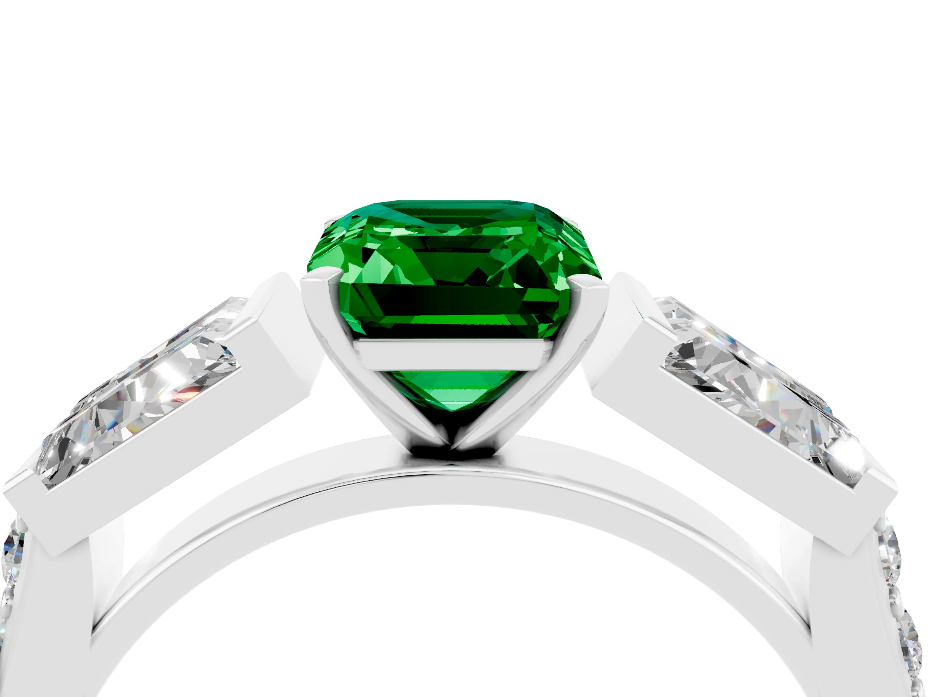 White gold Emerald Cut Emerald Engagement Ring with Baguette Side Stones and Channel Set Band_4