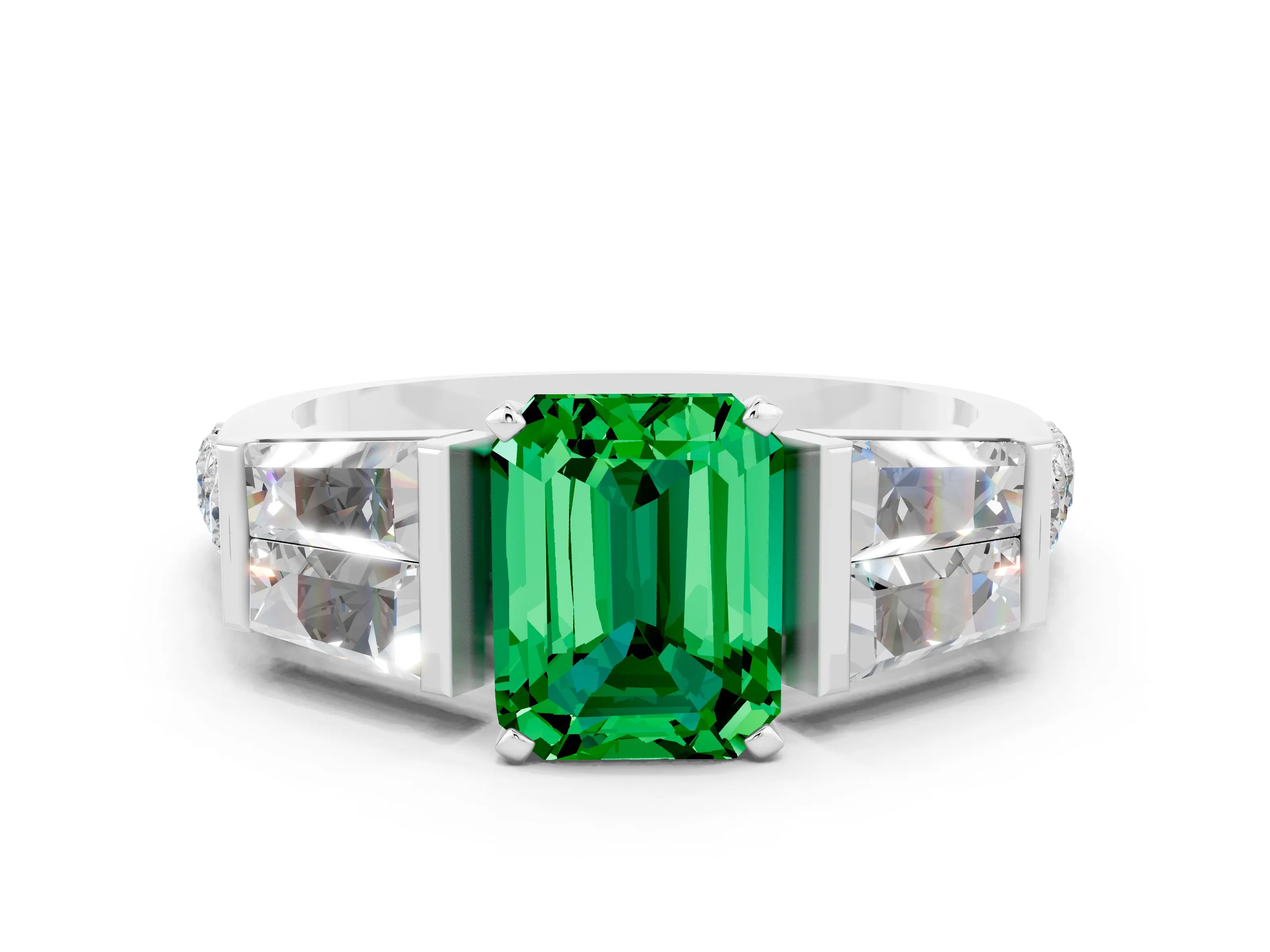 White gold Emerald Cut Emerald Engagement Ring with Baguette Side Stones and Channel Set Band