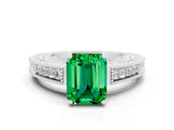 White gold Emerald Cut Emerald Engagement Ring with Milgrain Channel Set Band and Prong Setting