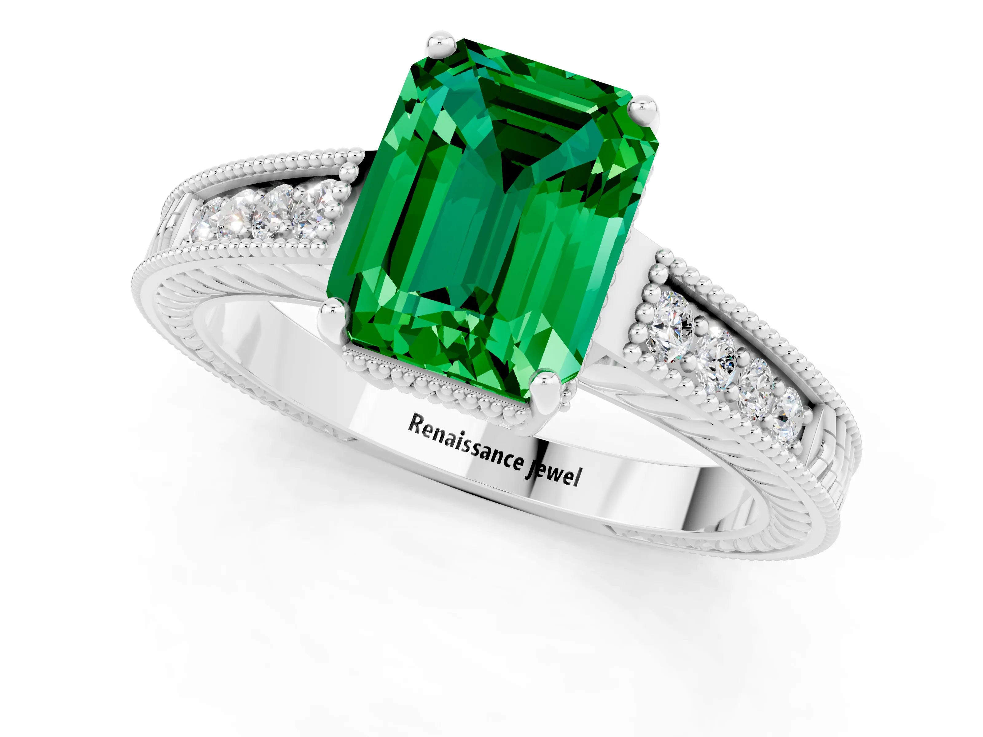 White gold Emerald Cut Emerald Engagement Ring with Milgrain Channel Set Band and Prong Setting_1
