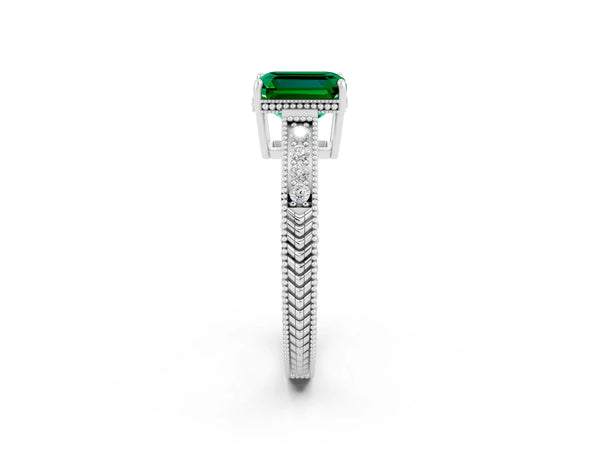 Silver Emerald Cut Emerald Engagement Ring with Milgrain Channel Set Band and Prong Setting