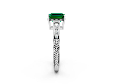 White gold Emerald Cut Emerald Engagement Ring with Milgrain Channel Set Band and Prong Setting_2