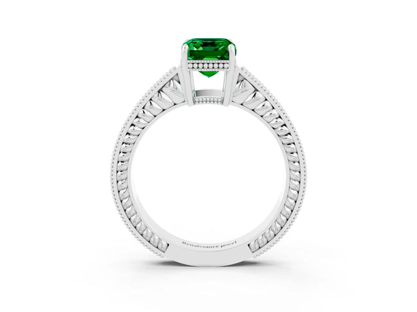 White gold Emerald Cut Emerald Engagement Ring with Milgrain Channel Set Band and Prong Setting