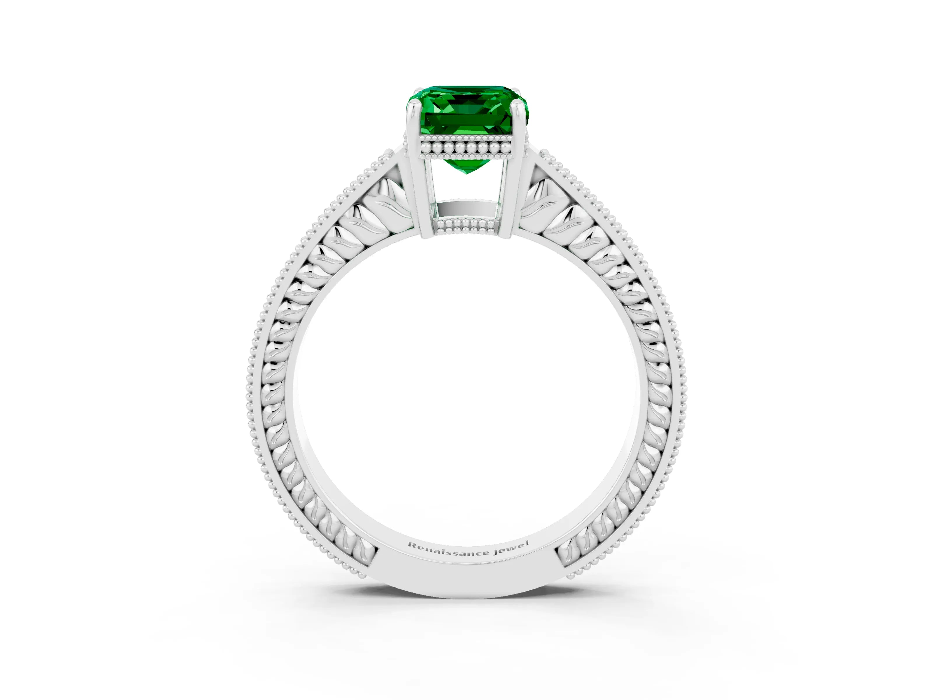 White gold Emerald Cut Emerald Engagement Ring with Milgrain Channel Set Band and Prong Setting_3