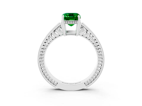White gold Emerald Cut Emerald Engagement Ring with Milgrain Channel Set Band and Prong Setting_3