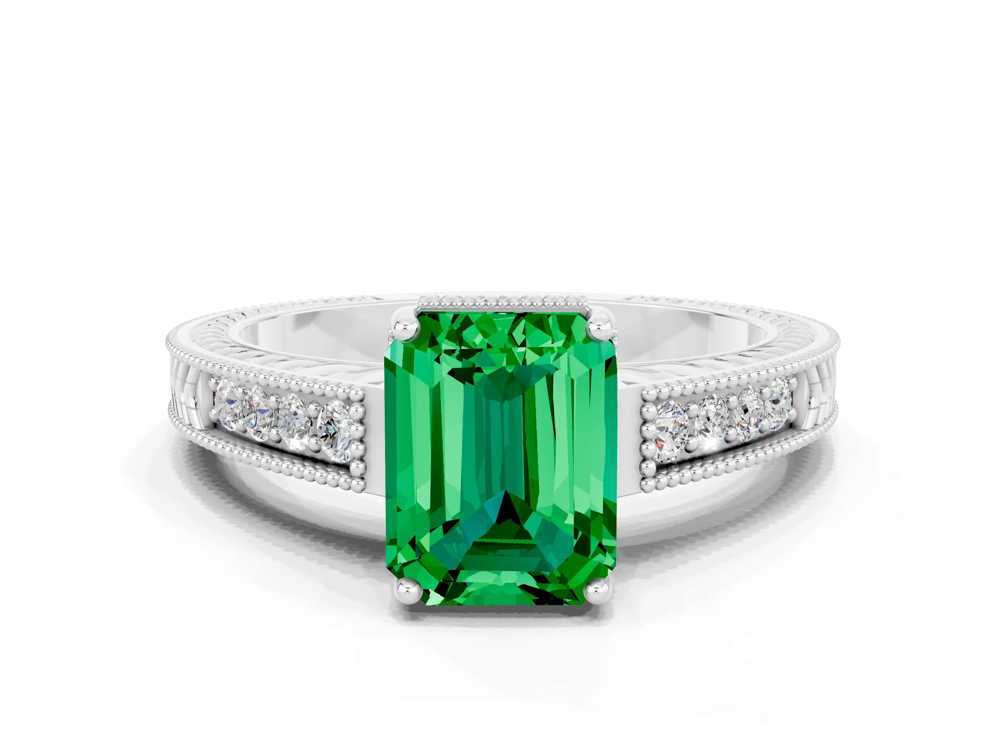 White gold Emerald Cut Emerald Engagement Ring with Milgrain Channel Set Band and Prong Setting