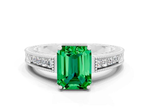 White gold Emerald Cut Emerald Engagement Ring with Milgrain Channel Set Band and Prong Setting