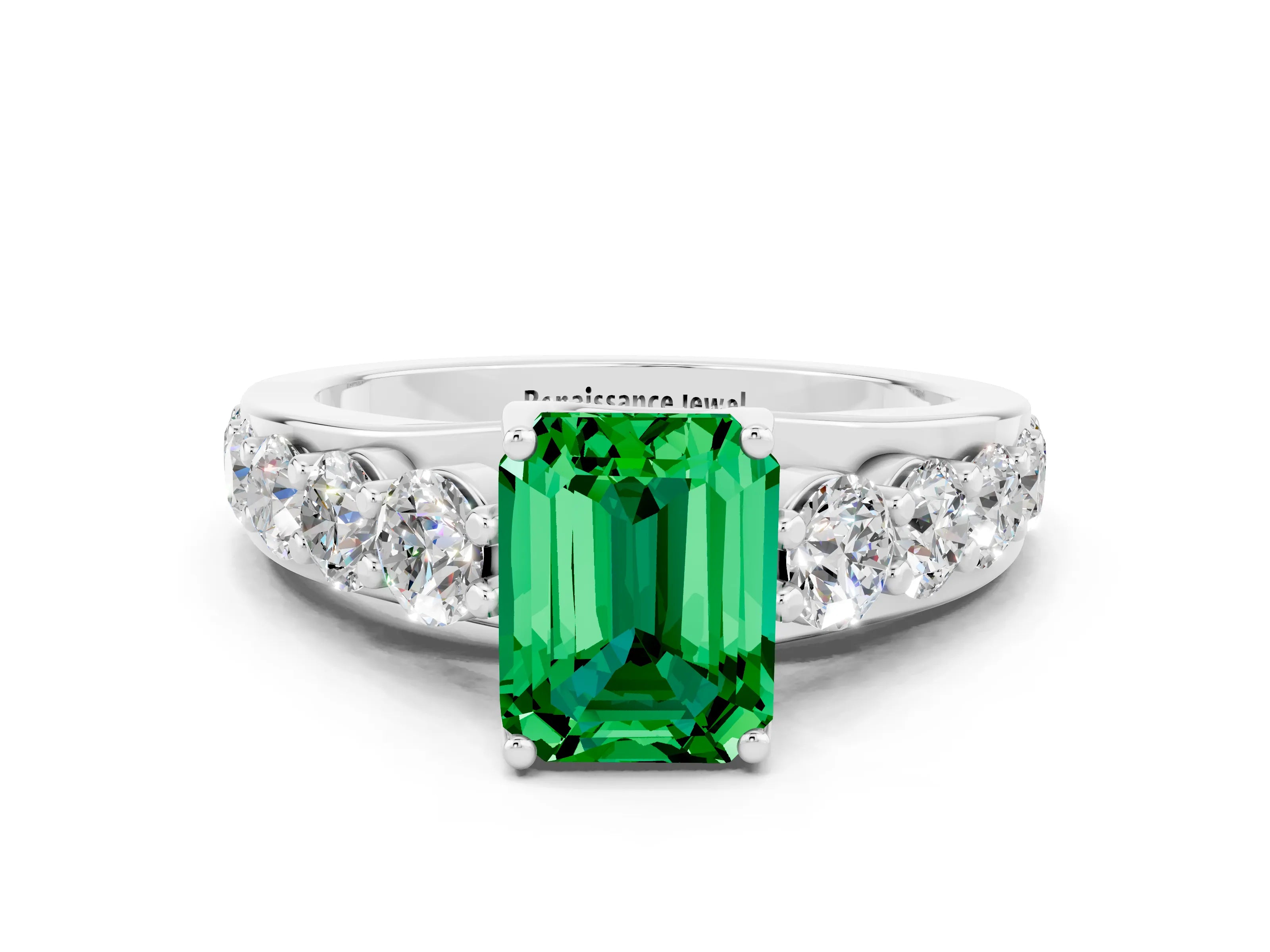 White gold Emerald Cut Emerald Engagement Ring with Pavé Band and Four-Prong Setting