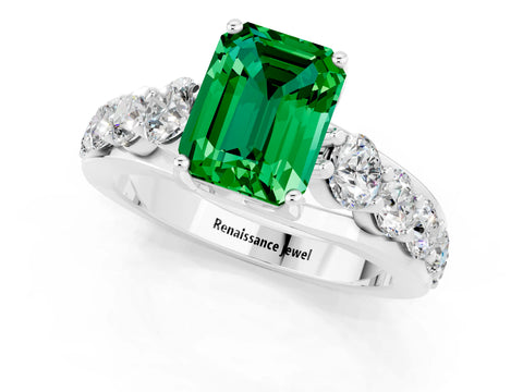 White gold Emerald Cut Emerald Engagement Ring with Pavé Band and Four-Prong Setting_1