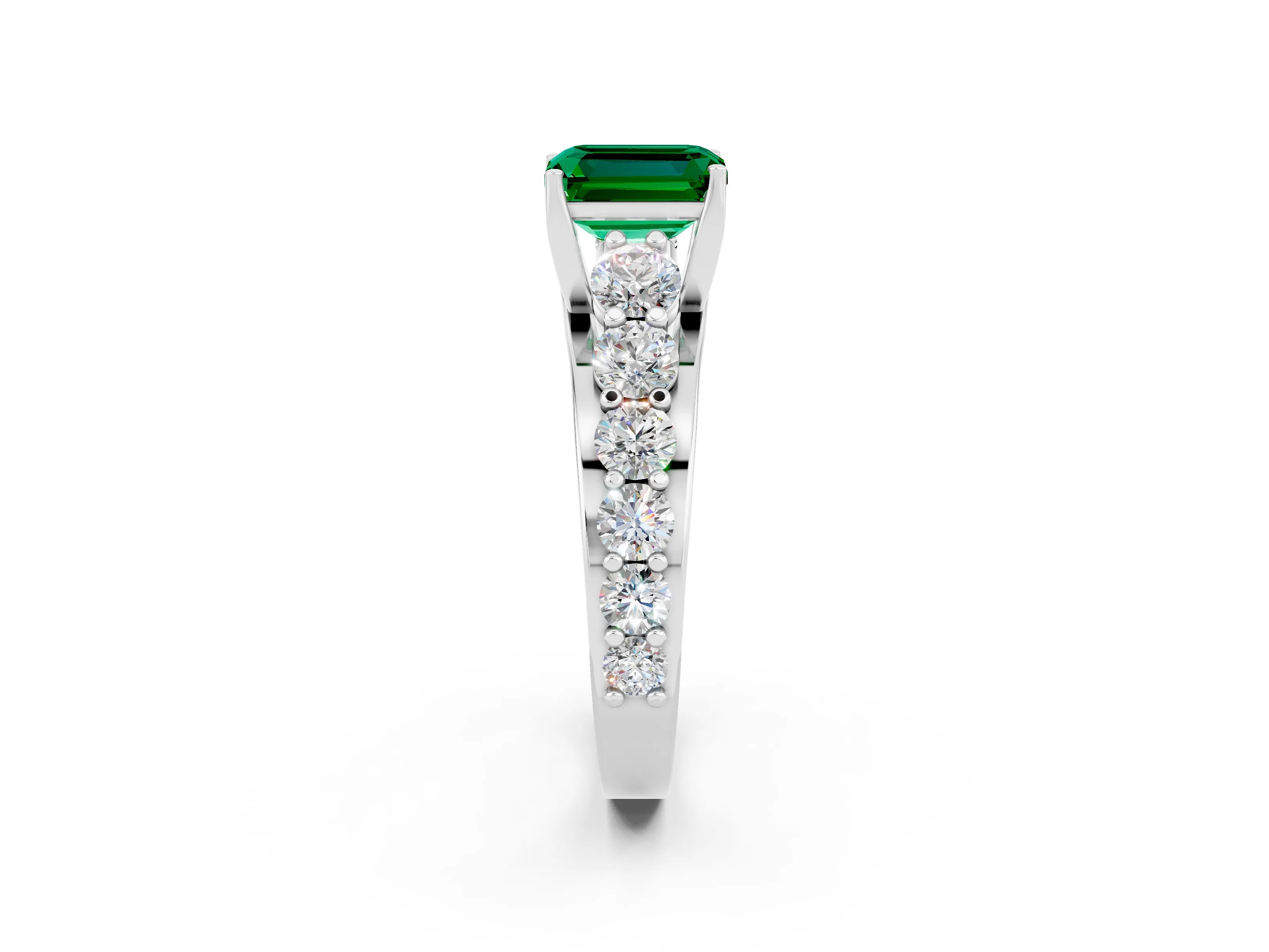White gold Emerald Cut Emerald Engagement Ring with Pavé Band and Four-Prong Setting_2
