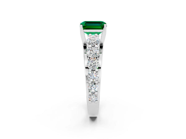 Silver Emerald Cut Emerald Engagement Ring with Pavé Band and Four-Prong Setting