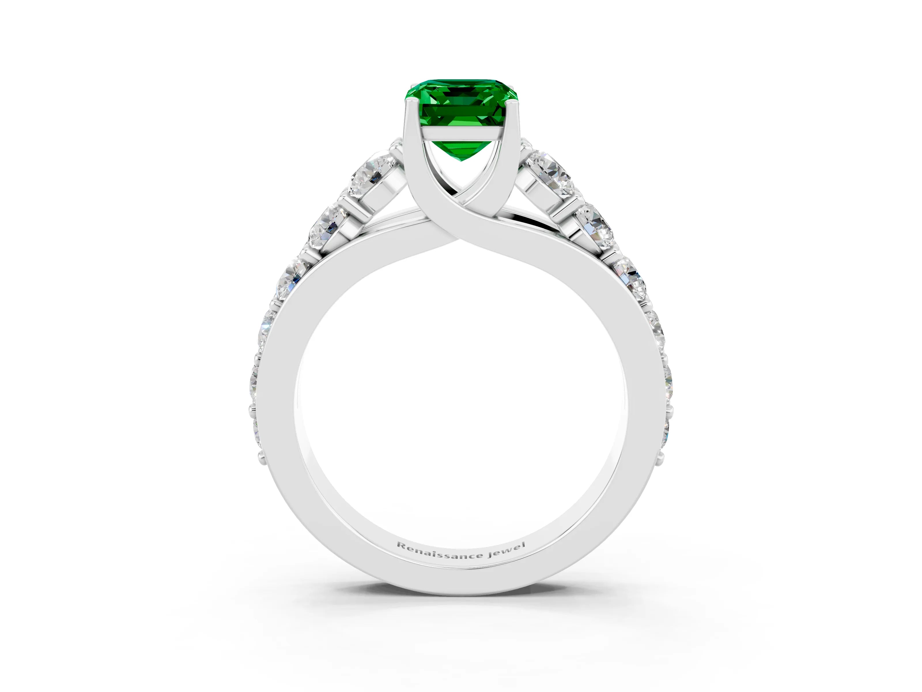 White gold Emerald Cut Emerald Engagement Ring with Pavé Band and Four-Prong Setting_3