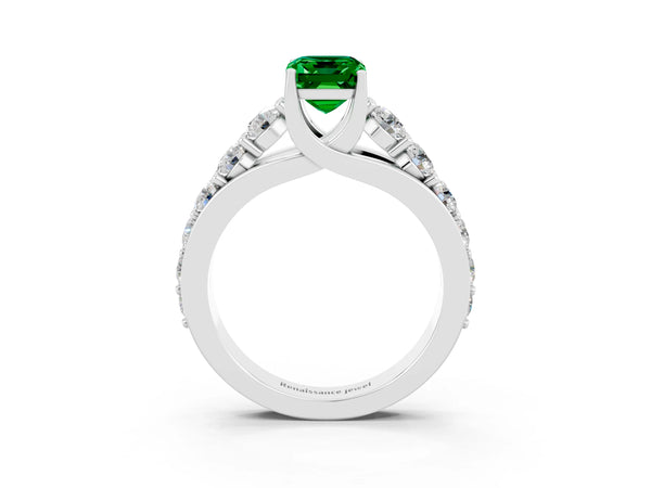 Silver Emerald Cut Emerald Engagement Ring with Pavé Band and Four-Prong Setting