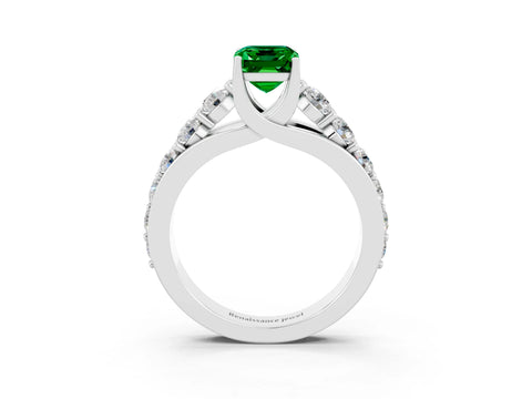 White gold Emerald Cut Emerald Engagement Ring with Pavé Band and Four-Prong Setting_3