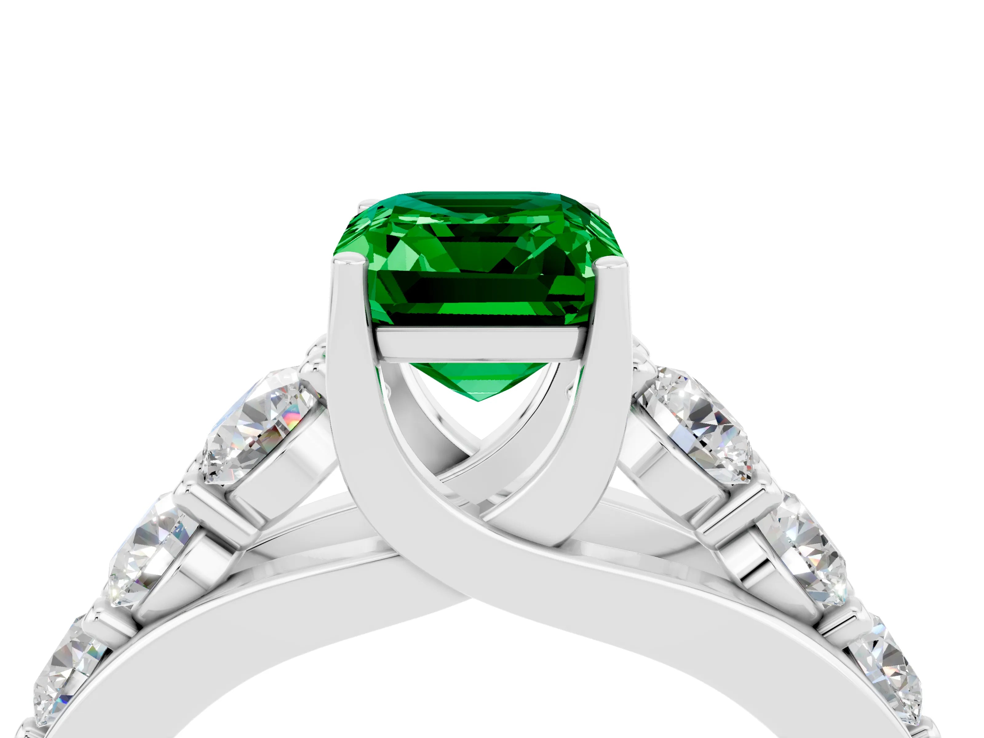 White gold Emerald Cut Emerald Engagement Ring with Pavé Band and Four-Prong Setting_4