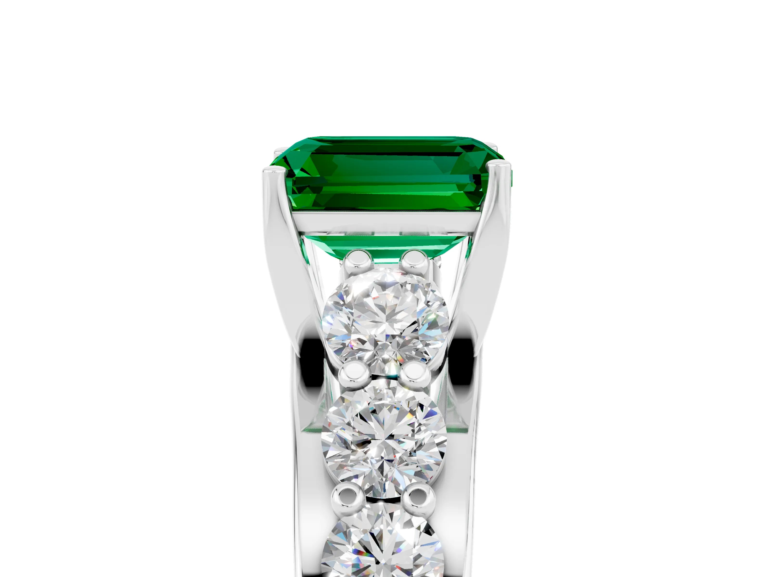 White gold Emerald Cut Emerald Engagement Ring with Pavé Band and Four-Prong Setting_5