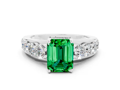 White gold Emerald Cut Emerald Engagement Ring with Pavé Band and Four-Prong Setting