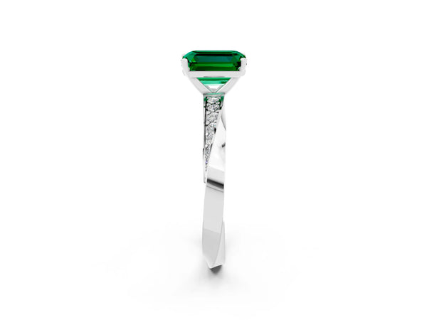 Platinum Emerald Cut Emerald Engagement Ring with Side Stone Accents and Four-Prong Setting