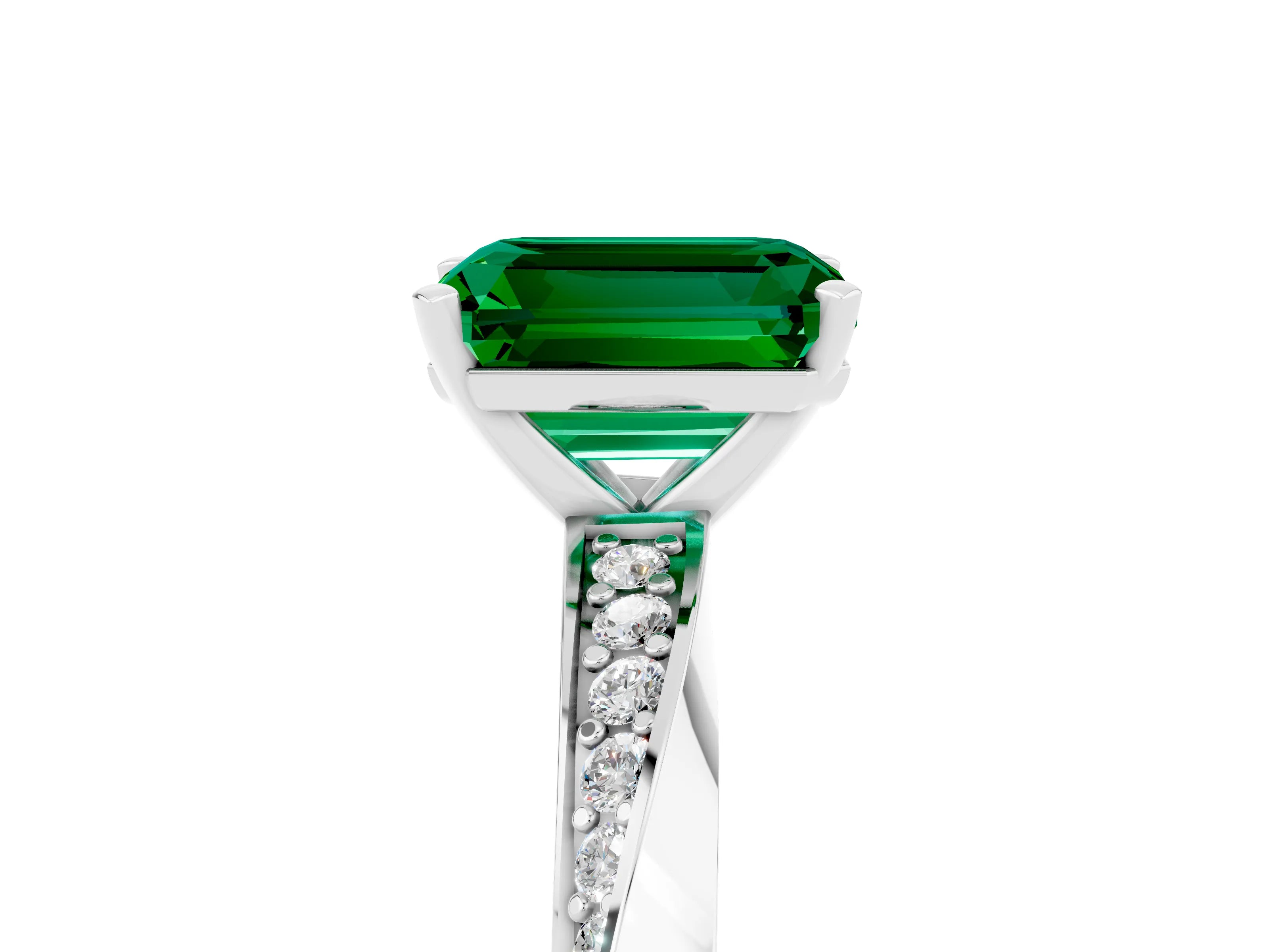 White gold Emerald Cut Emerald Engagement Ring with Side Stone Accents and Four-Prong Setting_32