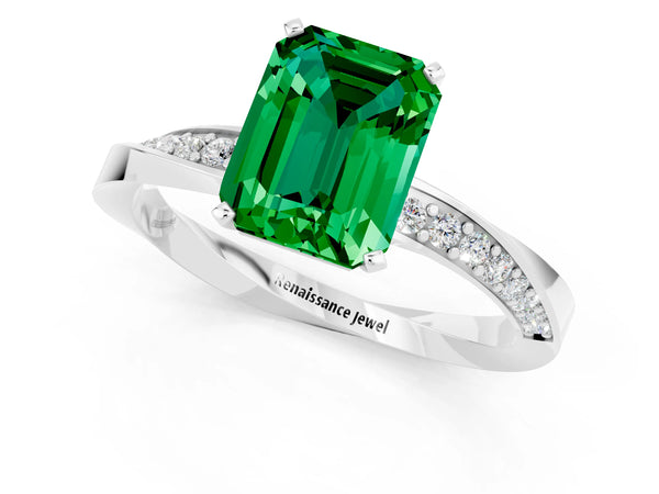White gold Emerald Cut Emerald Engagement Ring with Side Stone Accents and Four-Prong Setting