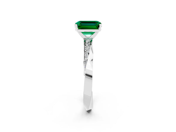 White gold Emerald Cut Emerald Engagement Ring with Side Stone Accents and Four-Prong Setting