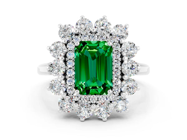 White gold Emerald Cut Emerald Floral Double Halo Engagement Ring with Prong Setting