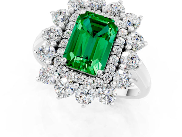 Silver Emerald Cut Emerald Floral Double Halo Engagement Ring with Prong Setting